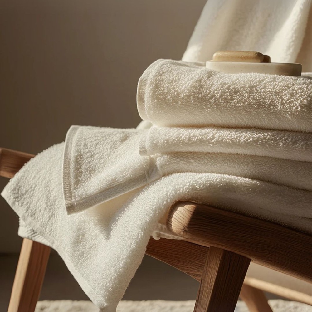 Folded cotton towels on a wooden stool
